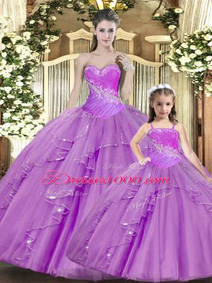 Dramatic Lilac Lace Up Sweetheart Beading and Ruching Sweet 16 Dress Lace Sleeveless