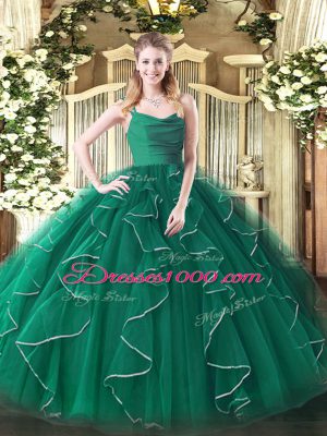 Discount Peacock Green Ball Gowns Ruffles Ball Gown Prom Dress Zipper Organza Sleeveless Floor Length