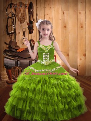 High End Olive Green Ball Gowns Straps Sleeveless Organza Floor Length Lace Up Embroidery and Ruffled Layers Party Dress Wholesale