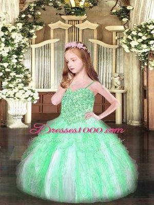 Apple Green Organza Lace Up Little Girls Pageant Dress Wholesale Sleeveless Floor Length Appliques and Ruffles