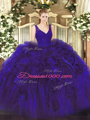 Inexpensive Purple Backless Quince Ball Gowns Beading and Lace and Ruffles Sleeveless Floor Length