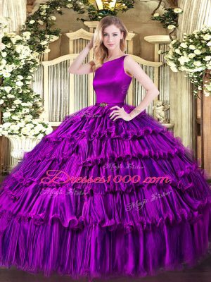 Eggplant Purple Organza Clasp Handle Quince Ball Gowns Sleeveless Floor Length Ruffled Layers
