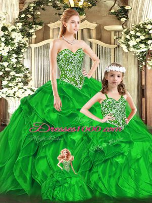 Green Sweetheart Lace Up Beading and Ruffles Quinceanera Dress Sleeveless