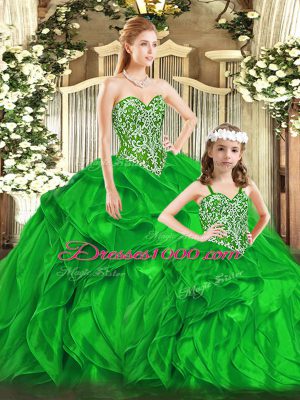 Green Sweetheart Lace Up Beading and Ruffles Quinceanera Dress Sleeveless