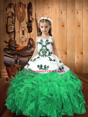 Turquoise Ball Gowns Organza Straps Sleeveless Embroidery and Ruffles Floor Length Lace Up Child Pageant Dress
