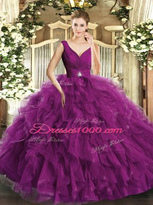 Fuchsia Sleeveless Organza Backless Quince Ball Gowns for Sweet 16 and Quinceanera