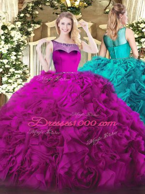 Scoop Sleeveless Sweet 16 Quinceanera Dress Beading Fuchsia Fabric With Rolling Flowers