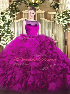 Scoop Sleeveless Sweet 16 Quinceanera Dress Beading Fuchsia Fabric With Rolling Flowers