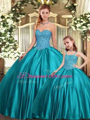 Fashionable Organza Sweetheart Sleeveless Lace Up Beading Quinceanera Gowns in Teal