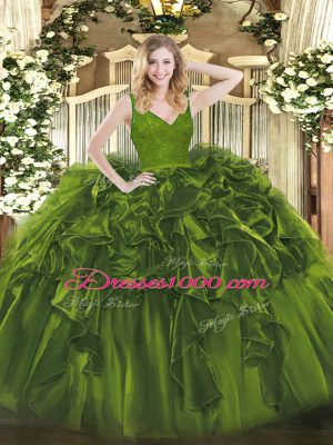 Sexy Olive Green Sweet 16 Dress Military Ball and Sweet 16 and Quinceanera with Beading and Lace and Ruffles V-neck Sleeveless Backless