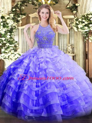 High Class Lavender Sleeveless Organza Zipper Vestidos de Quinceanera for Military Ball and Sweet 16 and Quinceanera