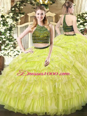 Top Selling Beading and Ruffled Layers Quince Ball Gowns Yellow Green Zipper Sleeveless Floor Length