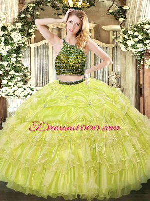 Top Selling Beading and Ruffled Layers Quince Ball Gowns Yellow Green Zipper Sleeveless Floor Length