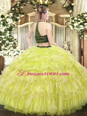 Top Selling Beading and Ruffled Layers Quince Ball Gowns Yellow Green Zipper Sleeveless Floor Length