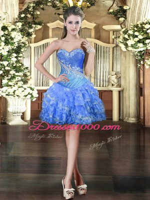 Baby Blue Ball Gowns Organza Sweetheart Sleeveless Beading and Ruffled Layers Mini Length Lace Up Prom Dresses