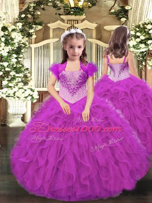 Custom Made Floor Length Lace Up High School Pageant Dress Fuchsia for Party and Sweet 16 and Quinceanera and Wedding Party with Beading and Ruffles