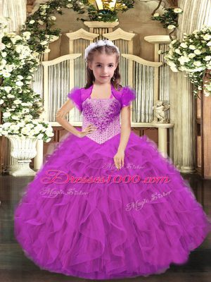 Custom Made Floor Length Lace Up High School Pageant Dress Fuchsia for Party and Sweet 16 and Quinceanera and Wedding Party with Beading and Ruffles