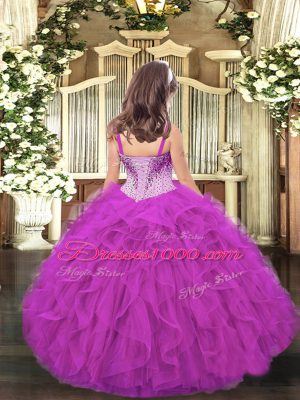 Custom Made Floor Length Lace Up High School Pageant Dress Fuchsia for Party and Sweet 16 and Quinceanera and Wedding Party with Beading and Ruffles