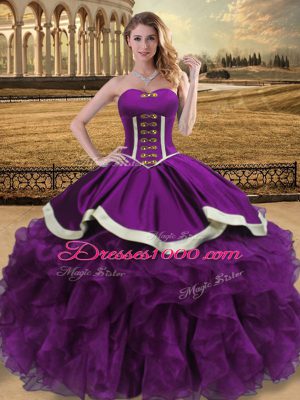 Smart Sleeveless Organza Floor Length Lace Up Sweet 16 Dress in Eggplant Purple with Beading and Ruffles