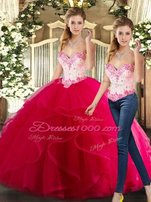 Custom Made Hot Pink Ball Gowns Sweetheart Sleeveless Organza Floor Length Lace Up Beading and Ruffles Quinceanera Dresses