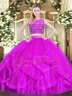 Fabulous Red Tulle Zipper Scoop Sleeveless Floor Length 15 Quinceanera Dress Beading and Ruffles