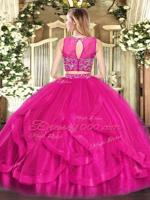 Fabulous Red Tulle Zipper Scoop Sleeveless Floor Length 15 Quinceanera Dress Beading and Ruffles