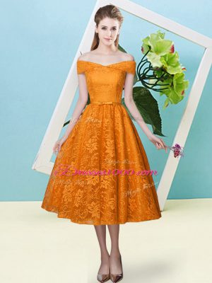 Attractive Orange Red Lace Lace Up Bridesmaids Dress Cap Sleeves Tea Length Bowknot