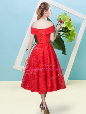 Attractive Orange Red Lace Lace Up Bridesmaids Dress Cap Sleeves Tea Length Bowknot