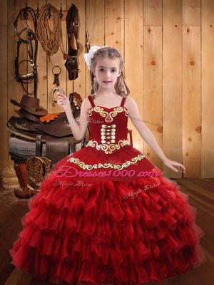 Red Sleeveless Embroidery and Ruffled Layers Floor Length Winning Pageant Gowns