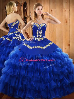 Extravagant Sleeveless Floor Length Embroidery and Ruffled Layers Lace Up Quinceanera Dress with Blue