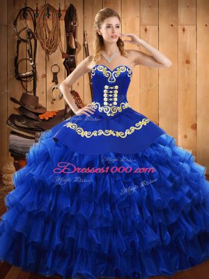 Extravagant Sleeveless Floor Length Embroidery and Ruffled Layers Lace Up Quinceanera Dress with Blue
