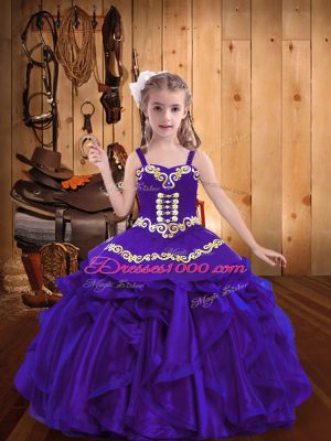 Wonderful Purple Child Pageant Dress Party and Sweet 16 and Quinceanera and Wedding Party with Embroidery and Ruffles Straps Sleeveless Lace Up
