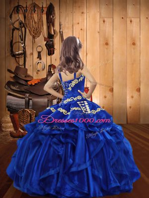 Wonderful Purple Child Pageant Dress Party and Sweet 16 and Quinceanera and Wedding Party with Embroidery and Ruffles Straps Sleeveless Lace Up