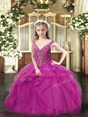 V-neck Sleeveless High School Pageant Dress Floor Length Beading and Ruffles Fuchsia Tulle