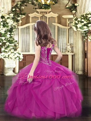 V-neck Sleeveless High School Pageant Dress Floor Length Beading and Ruffles Fuchsia Tulle