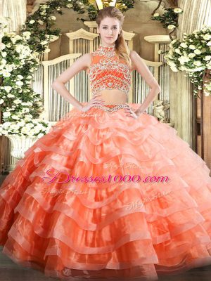 Comfortable Tulle High-neck Sleeveless Backless Beading and Ruffled Layers Sweet 16 Quinceanera Dress in Orange Red