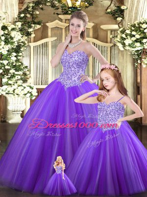 Exquisite Ball Gowns Ball Gown Prom Dress Purple Sweetheart Tulle Sleeveless Floor Length Lace Up
