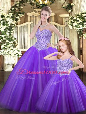 Exquisite Ball Gowns Ball Gown Prom Dress Purple Sweetheart Tulle Sleeveless Floor Length Lace Up