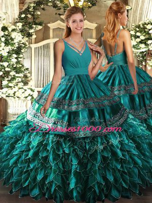 Teal Ball Gowns Satin and Organza V-neck Sleeveless Ruffles Floor Length Backless Sweet 16 Quinceanera Dress
