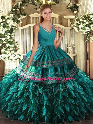 Teal Ball Gowns Satin and Organza V-neck Sleeveless Ruffles Floor Length Backless Sweet 16 Quinceanera Dress