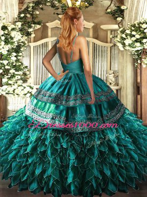 Teal Ball Gowns Satin and Organza V-neck Sleeveless Ruffles Floor Length Backless Sweet 16 Quinceanera Dress