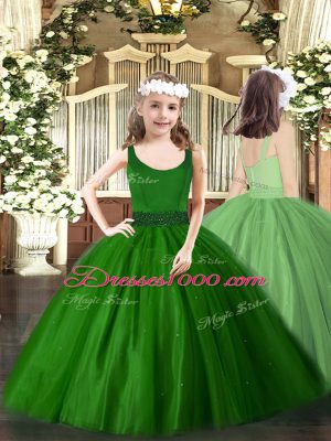 Dark Green Sleeveless Floor Length Beading Zipper Little Girl Pageant Gowns