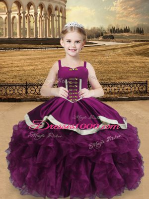Eye-catching Purple Ball Gowns Organza Straps Sleeveless Beading and Ruffles Floor Length Lace Up Little Girl Pageant Gowns