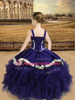 Eye-catching Purple Ball Gowns Organza Straps Sleeveless Beading and Ruffles Floor Length Lace Up Little Girl Pageant Gowns