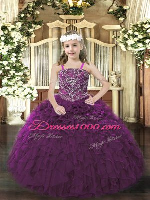 Exquisite Beading and Ruffles Kids Formal Wear Purple Lace Up Sleeveless Floor Length