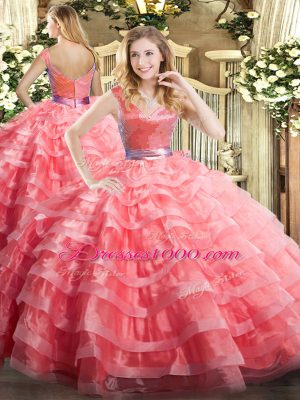 Captivating Watermelon Red Ball Gowns Ruffled Layers Quinceanera Gown Zipper Organza Sleeveless Floor Length