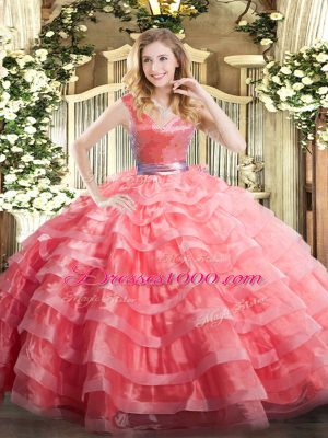 Captivating Watermelon Red Ball Gowns Ruffled Layers Quinceanera Gown Zipper Organza Sleeveless Floor Length