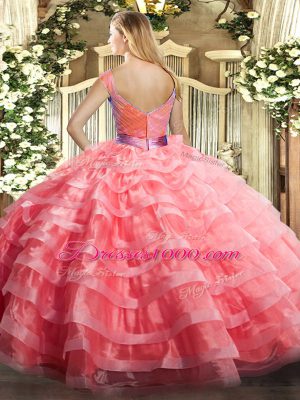 Captivating Watermelon Red Ball Gowns Ruffled Layers Quinceanera Gown Zipper Organza Sleeveless Floor Length