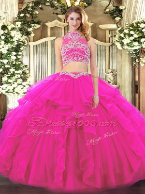 Fashionable Floor Length Fuchsia Quinceanera Dresses Tulle Sleeveless Beading and Ruffles