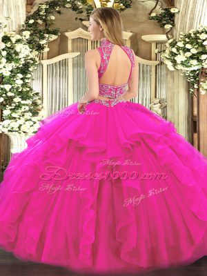 Fashionable Floor Length Fuchsia Quinceanera Dresses Tulle Sleeveless Beading and Ruffles
